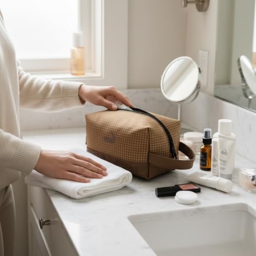 GOX Premium Plaid & Leather Travel Toiletry Bag with Reinforced Handles Cosmetic Organizer (9x5.1x5.1 inches) for Bathroom, Shaving, Makeup Essentials (Brown) - color: Brown
