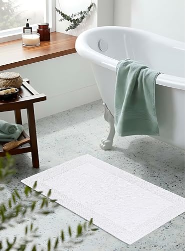 Bedding Craft Cotton Bathroom Mat Set, Reversible Water Absorbent Bath Mat Rug, Machine Washable, 2 Pieces (17x24 + 21x34) - color: White, size: 1'5" x 2' + 1'9" x 2'10" (Rectangular)
