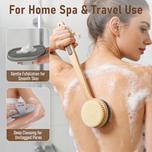 Back Scrubber for Shower + Body Scrubber 2 Pack - Dual Sided Silicone & Nylon Bristles Lather Well, Exfoliating Anti-Slip Wood Long Handle Back Scrubber Body Exfoliator for Wet/Dry Bath Brush Grey - color: Grey