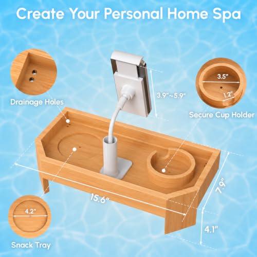 Vespara Bamboo Hot Tub Table with Adjustable Phone Holder, Non Slip Hot Tub Table Spa Gift for Women, Bathtub Canddy Tray with Wine Glass Holder for Luxury Bathtub Bathroom Accessories (Natural) - color: Natural