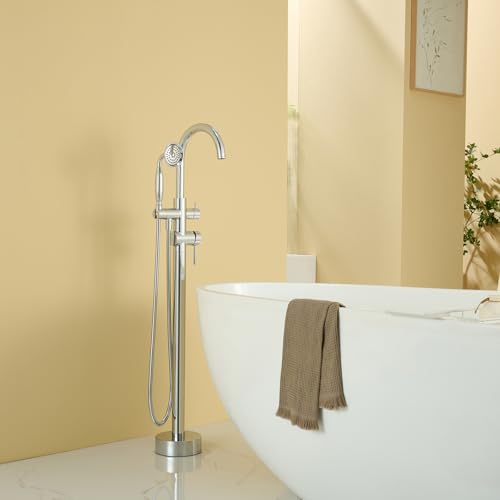 Wowkk Tub Filler Freestanding Bathtub Faucet Chrome Floor Mounted Brass Bathroom Tub Faucets with Hand Shower - color: Chrome