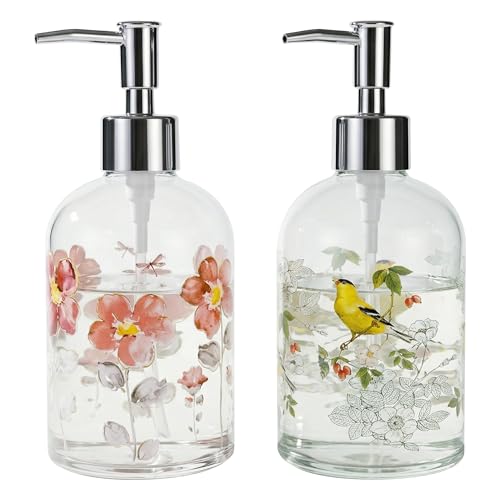 Topadorn Hand and Dish Soap Dispenser Set, 2 Pack 17oz Glass Soap Dispensers with Pump, Refillable Kitchen Soap Bottles, Floral & Goldfinch Decorative Bathroom Counter Decor - color: Purple&bird