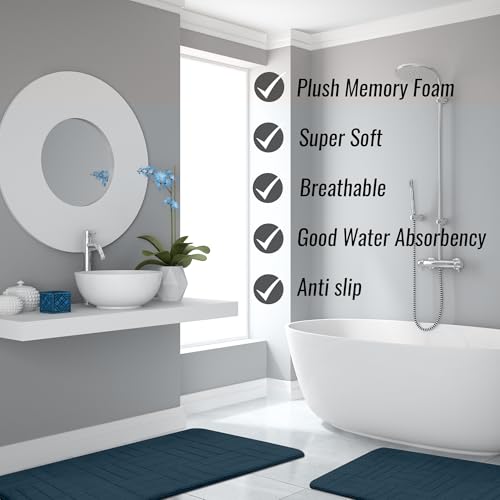 Bathroom Rug Set 5 Piece - Memory Foam Bathroom Mat Set, Soft and Comfortable, Non-Slip Thick Absorbent Bath Mats, Machine Washable, Navy Blue - color: Navy Blue/ Line Design