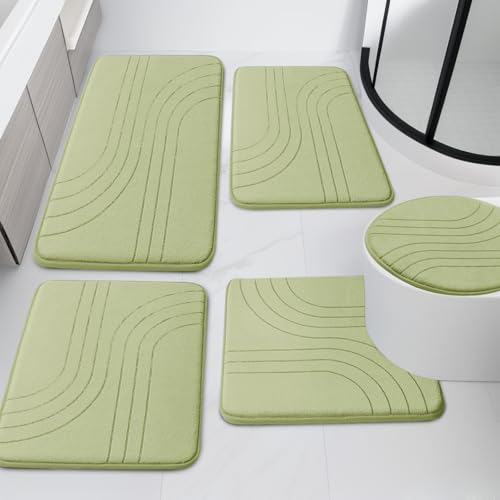 YIHOUSE Bathroom Rug Set, Soft Non Slip Memory Foam Bath Mats, Extra Thick, Machine Washable, Green - color: Green-2, size: 5 pieces