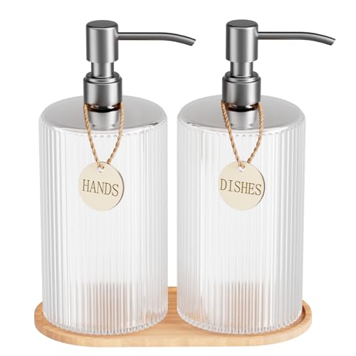 18Oz Soap Dispenser Set with Silver Stainless Steel Pump & Wood Tray - Vertical Stripe Design Refillable for Dish Soap & Hand Soap, Fits Kitchen & Bathroom Countertops