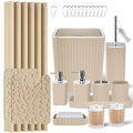 XLHOMO Bathroom Accessories Set - 25PC Bathroom Sets with Shower Curtain and Rugs, Beige Bathroom Set with Trash Can, Soap Dispenser, Soap Dish & Toilet Brush - size: Bath Set+Shower Curtain+Rugs, style: Beige&Silver