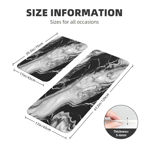 White and Black Marble Texture Kitchen Rugs Microfiber Floor Mats Marbling Cushioned Carpet Runner Rug for Laundry Bathroom Living Room, 2 Piece Set 17"X 47" + 17"X 30" - color: White and Black Marble Texture