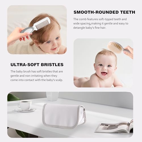 Baby Grooming Kit with Storage Pouch Baby Brush Soft Bristles 5 pcs-Infant Brush, Rounded Comb, Safety Scissors, Nail Clippers & Emery Board -Health Care Kit for Newborns & Toddlers Gray - color: 5pcs Gray 2