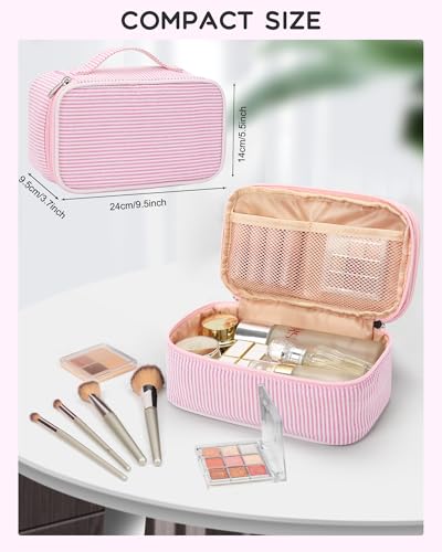 Relavel Cute Makeup Bag for Girls, Portable Pink Cosmetic Bag, Dual-layer Makeup Pouch with Brush Holder, Multi-Functional Preppy Toiletry Organizer for Travel, Daily Use - Pink Strip - color: 01-Pink Strip, size: MEDIUM