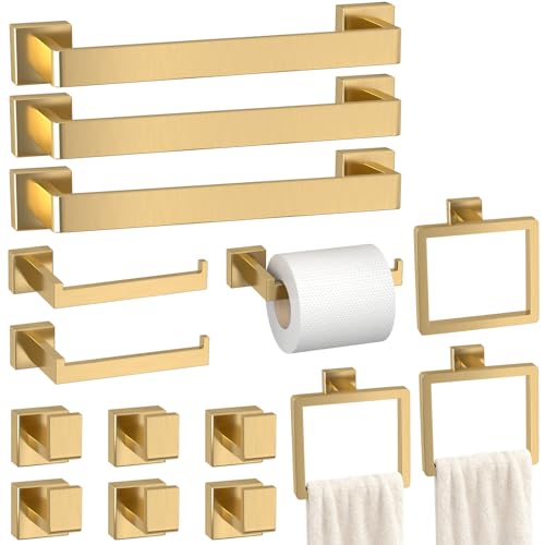 Bathroom Accessory Towel Bar Set: 15 Pieces Gold Bathroom Hardware Square SUS304 Stainless Steel - Wall Mounted Towel Rack&Toilet Paper Holder&Towel Ring and Towel Hook - color: Gold, size: 16inch 15 Pieces