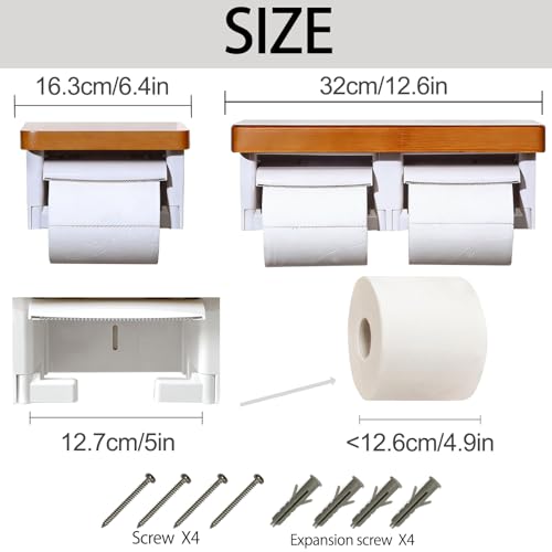 White Double Toilet Paper Holder with Wooden, White Wall Mounted Toilet Paper Holder with Wood Shelf, Bamboo Toilet Paper Holder with Phone Shelf - color: Wood Brown&white, size: Full