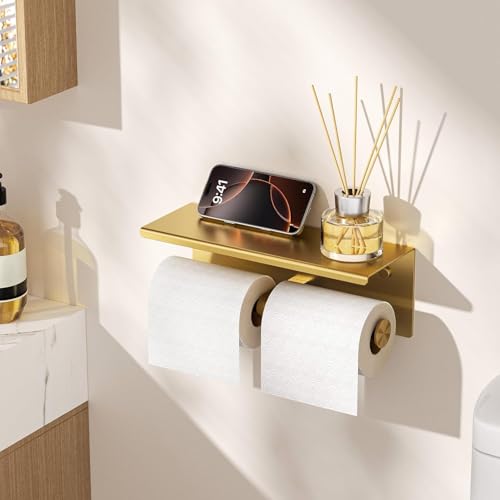 FORIOUS Double Toilet Paper Holder with Shelf, Wall Mount Tissue Roll Holder for Bathroom, 304 Stainless Steel Commercial Toilet Tissue Dispensers with Phone Shelf (1, Brushed Gold) - color: Brushed Gold