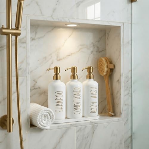 MOMEEMO Shampoo and Conditioner Dispenser Set with Tray, Refillable Shampoo Conditioner Body Wash Dispenser for Shower, Empty Shampoo Bottles with Pump, Bathroom Shower Soap Dispenser Set (Gold) - color: White Gold