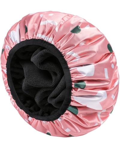 YIZIJIZI Triple Layer Reusable Waterproof Shower Cap for Women Large Terry Lined Hair Cap for Long Thick Hair Travel Bath Care Pink Flowers - color: Pink Flowers