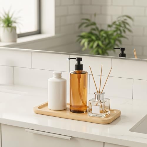Bamboo Vanity Bathroom Tray for Counter, Sink Counter Tray | Rounded Corner Design, Storage Vanitys Pallet for Organizing Decor Display, For Cosmetics Toiletries, 11 X 4.5 X 0.5 Inch