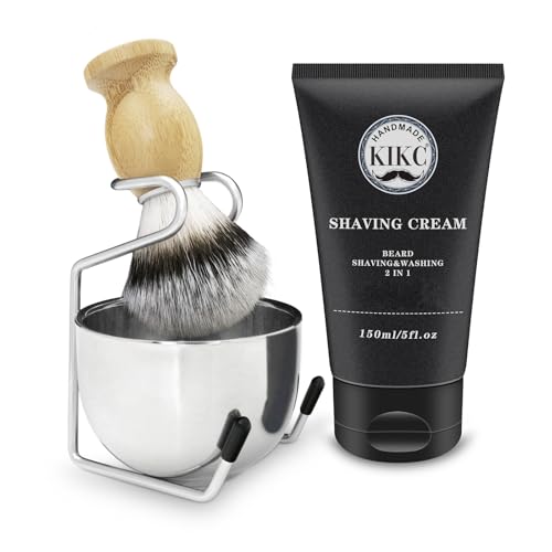 Kikc 5 in 1 Shaving Kit, Shaving Brush Kit for Men,Set Include Synthetic Shave Brush, Stainless Lathering Bowl, Shave Brush Stand, Shaving Cream, Shave Manual, Best Gift for Bearded Man,Silvery Set - color: Stainless set