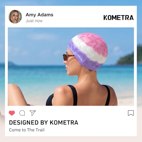Women Swim Cap 2 Pack for Long Hair, Silicone Flower Adult Swimming Caps Waterproof for Girl Youth No Wet Hair - color: Pink & Purple