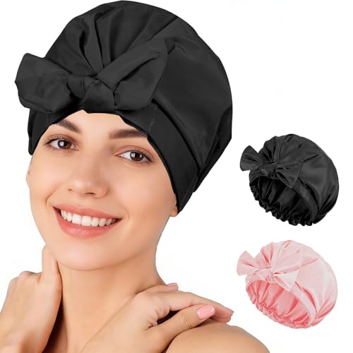 Shower Cap for Women Reusable Waterproof, Large Satin Shower Bonnet, Washable Bath Hat for Long Hair, Braids, Curly Hair, Pink + Black - color: Black + Pink