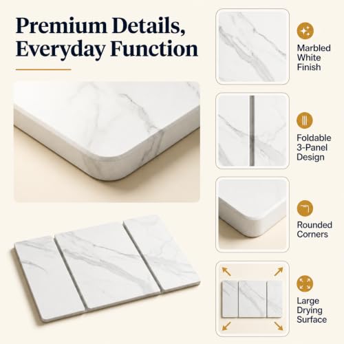 Stone Dish Drying Mat 24" x 16" – Dish Drying Stone Mat – Large Diatomaceous Earth Drying Mat with Non-Slip Base – Quick Dry Kitchen Drying Pad for Dishes, Glassware & Bottles 3 Folded Marbeled White - color: 3 Folded Marbeled White