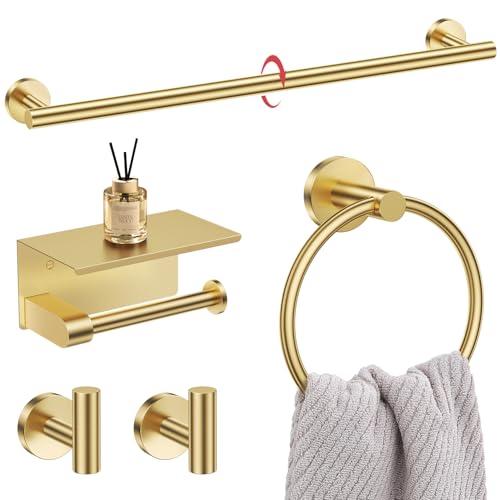 5-Piece Towel Bar Set Brushed Gold Bathroom Hardware Accessories Set Upgraded Toilet Paper Holder with Shelf Towel Holder Set for Bathroom Stainless Steel Wall Mounted - color: Brushed Gold, size: 5-Piece Upgraded Set