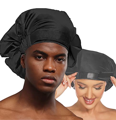 HIUMI Large Shower Cap For Men,Large Shower Cap For Women Long Hair,Reusable Shower Cap for Braids,Dreads,Curls, Locs, Curly，Wave，Hair Cap for Shower,Washable and Adjustable,Black - color: black-black