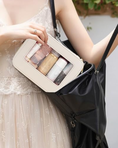 Travel Clear Makeup Bag Set, TSA Approved Cosmetic Bag Case with Zipper Portable Makeup Pouch Toiletry Bag Traveling Cosmetic Organizer Storage Bag Car Organizer Car Essentials - color: Mini+Large Beige