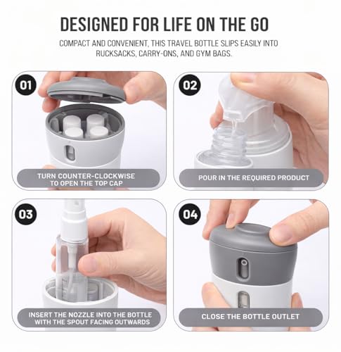 Travigo 4-in-1 Travel Dispenser Bottle Set, TSA Approved, Leak Proof, Reusable 1.4 oz. (40 mL) Toiletry Containers for Shampoo, Conditioner, Soap, Lotion, Skincare (2 Pack, Purple & Gray) - color: 2 Pack (Gray Purple)