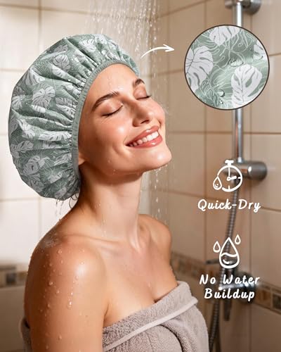 Yanibest Shower Cap for Women - Frizz Free Satin Lined Shower Cap Waterproof Large Double Layer Reusable with Soft Elastic Band for Braids Long Hair - color: Green