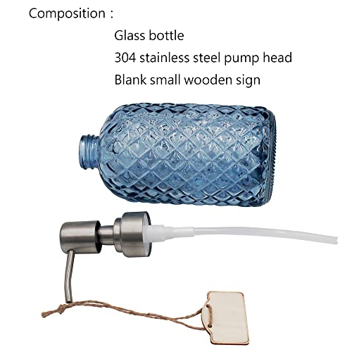 16 oz Diamond Pattern Glass Soap Dispenser, Kitchen and Bathroom Refillable Soap Dispenser with Rust Resistant Stainless Steel Pump for Hand Soap, Lotion Glass Liquid Dispenser (Blue) - color: Blue