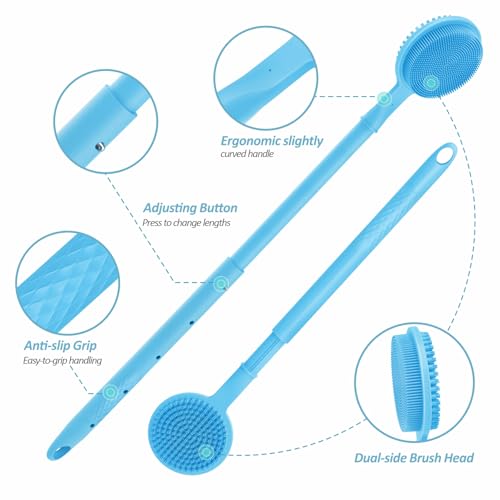 Silicone Back/Face Scrubber & Soft Bath Glove 3PCS, 16''- 24'' Extendable Shower Back Scrubber, 360° Anti-Slip & Hand-fit Silicone Body Scrubber, Manual Face Brush for All-Round Cleaning(Blue) - color: Blue*3