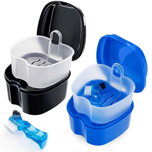 Keedolla 2 Pack Denture Soaking Cup Retainer Cleaner Case, False Teeth Container Denture Holder Box Case for Clear Braces, Mouth Guard, Night Guard - Black & Dark Blue - color: Black & Dark Blue
