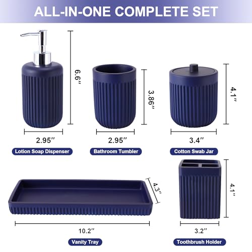 XLHOMO Resin Navy Blue Bathroom Accessories Set 5 Pcs, Lotion Soap Dispenser, Toothbrush Holder, Bathroom Tumbler, Qtip Holder and Vanity Tray, Bathroom Countertop Organizer Set for Modern Apartment - color: Navy Blue, size: Resin Bath Set