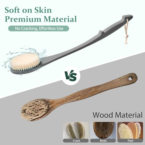 Back Scrubber for Shower, 17-Inch Shower Brush for Men and Women, Long Handle Exfoliating Body Brush, Medium Bristle Stiffness for Dry or Wet Brushing (Deep Gray) - size: 17 in - Deep Gray