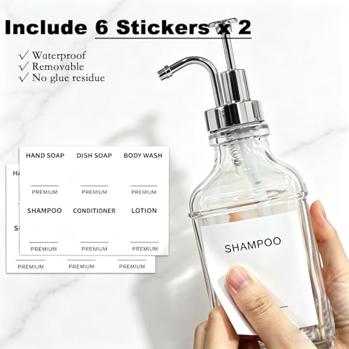 Dish Soap Dispenser for Kitchen, Hand Glass Soap Dispenser Set with Pump, Funnel for Bathroom, Shower, Laundry, Liquid, Lotion (Silver 2 Pack 18 Oz Clear Bottles with 12 Stickers) - color: Silver Square, size: 18Oz