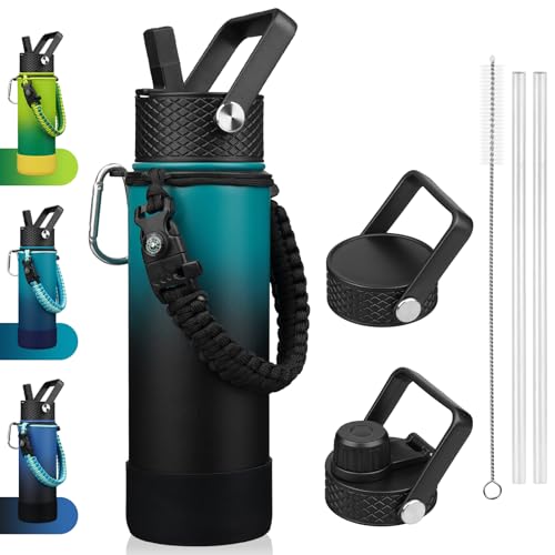 BJPKPK Insulated Water Bottle with Straw Lid, 22oz Thermal Flasks Water Bottles with 3 Lids, Paracord Handle & Non-slip Boot, BPA Free Leak Proof Stainless Steel Tumblers,Army Green & Black - color: Army Green & Black, size: 22 Ounces