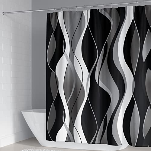 4Pcs Black Shower Curtain Sets with Non-Slip Rugs, Toilet Lid Cover and Bath Mat, Black and Gray Bathroom Decor Set Accessories Fabric Waterproof Shower Curtains with 12 Hooks, 72 x 72 Inch - color: Black