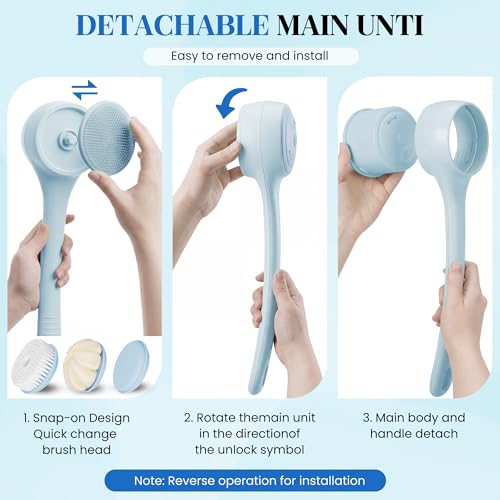 Electric Body Brush Back Scrubber for Shower，5 Replaceable Heads and Hook,Waterproof Long Dual Handle Power Body Scrubber 2 Speeds, for Cleansing Body, Exfoliating and Massaging Skin. - color: Sky Blue