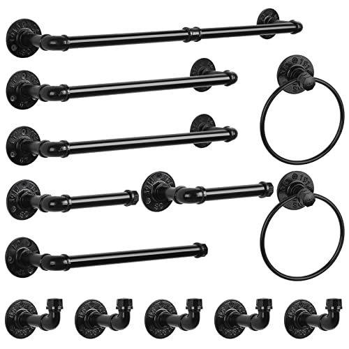 13-Pieces Towel Bar Set Black Bathroom Hardware Set Industrial Pipe Bath Towel Rack Accessories Kit Wall Hand Towel Bar, Toilet Paper Holder, Towel Ring, Robe Towel Hooks, Kitchen Tissue Paper Hanger - size: 13 Pieces