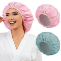 2 Pack Shower Caps for Women, Reusable Waterproof Shower Cap with Elastic Band, Thickened Waterproof Fabric Shower Bonnet for Braids, Long Hair - color: Mist Blue/Blush Pink