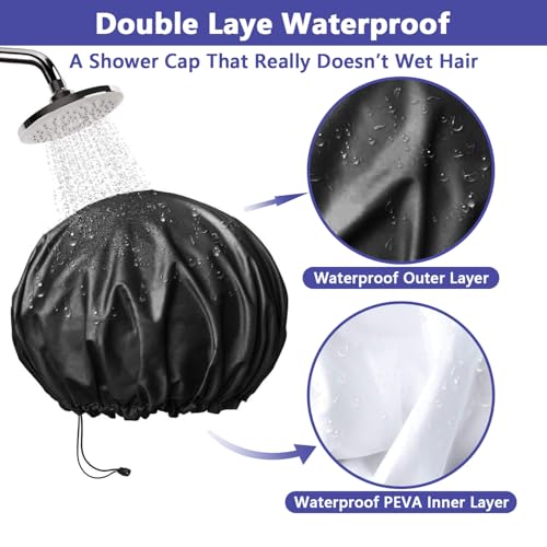1 PCS Shower Cap, Double Layer & Adjustable Bathing Cap for Shower, Extra Large Reusable Hair Cap for Women, Waterproof Exterior & EVA Lining, Oversized Design for All Hair Lengths/Style - color: 1 PCS Black