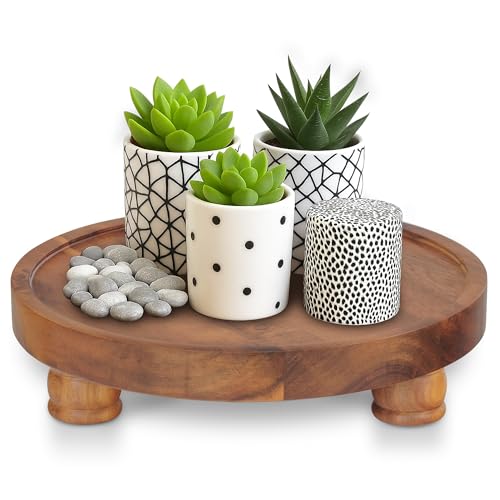 Demigo Acacia Wood Round Tray, 10 in Pedestal Riser Stand for Plant Decor | Farmhouse Countertop Display Board for Soap, Perfume, Candle, Bathroom & Kitchen Organizer Plate - color: Brown