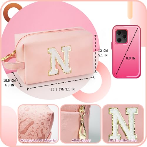 Personalized Initial Makeup Bag with Handle, Preppy Cosmetic Bag with Inner Zipper Pocket, 8 9 10 11 12 13 14 Years Old Girl, Graduation Gifts for Teen Girls Women Teachers (N, Pink) - color: Pink, style: N