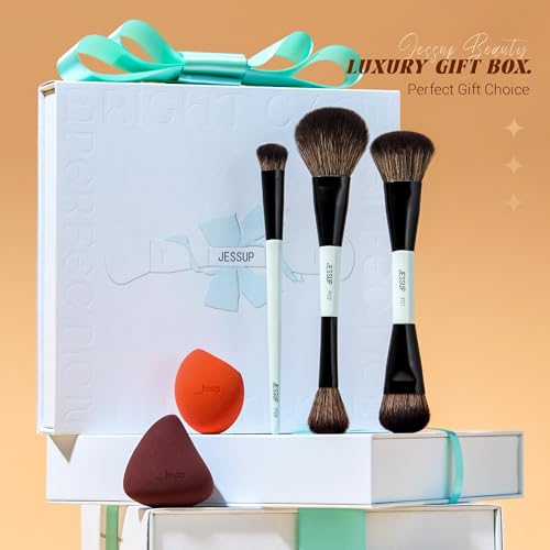 Jessup Face Makeup Brushes with Makeup Sponge, 3pcs Double Ended Makeup Brush for Foundation Contour Blush Highlight and Concealer Brush, Premium Synthetic Brush Set with Gift Box, T510 - style: T510