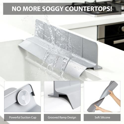 29Inch Sink Splash Guard – Extended Length & Tall Silicone Kitchen Sink Splash Guard with Overhang Drainage Design & Strong Suction Cups for Countertop(Grey, 29''x3.5'') - color: Gray, size: 29''x3.5''