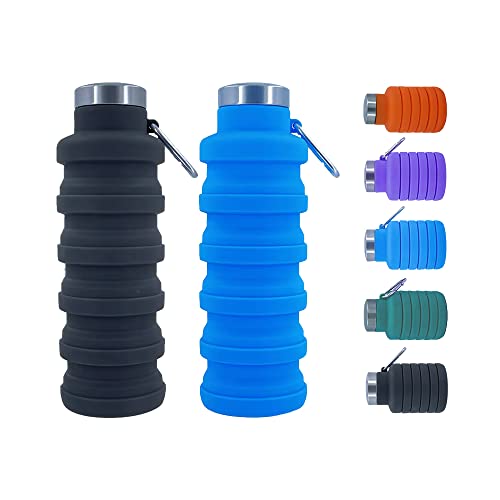Collapsible Water Bottles，2 pack BPA Free Travel Silicone Water Bottle with Carabiner，17oz Reusable Foldable Lightweight Portable Sports Water Bottle for Travel Gym Camping Hiking - color: Black + Blue