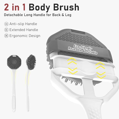 Back Scrubber for Shower 2 Pack, Silicone Scrub Brush with Long Handle & Unique Soft Body Scrubber, Detachable Body Brush Shower Lather Well Deep Clean Exfoliating for Women Men Sensitive Skin Bl&Gy - color: Black+grey Flock