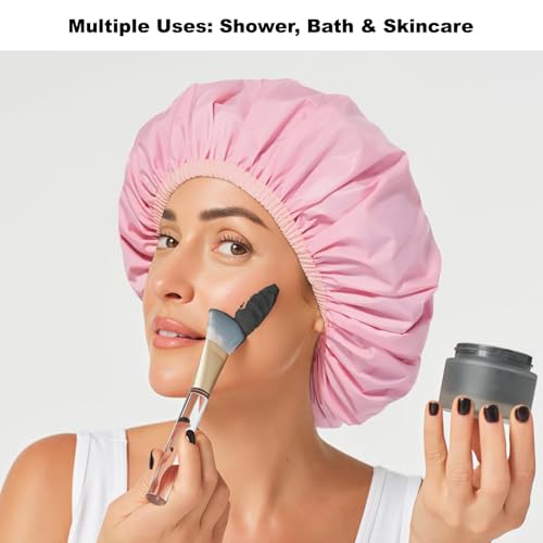 2 Pack Shower Caps for Women, Reusable Waterproof Shower Cap with Elastic Band, Thickened Waterproof Fabric Shower Bonnet for Braids, Long Hair - color: Mist Blue/Blush Pink