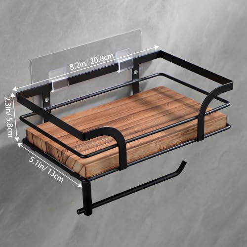YIGII Rustic Farmhouse Toilet Paper Holder with Shelf - Wooden Tissue Paper Roll Holder, Bathroom Wall Mounted Toilet Paper Roll Holder with Wipes Storage, Black Metal - color: Black-2