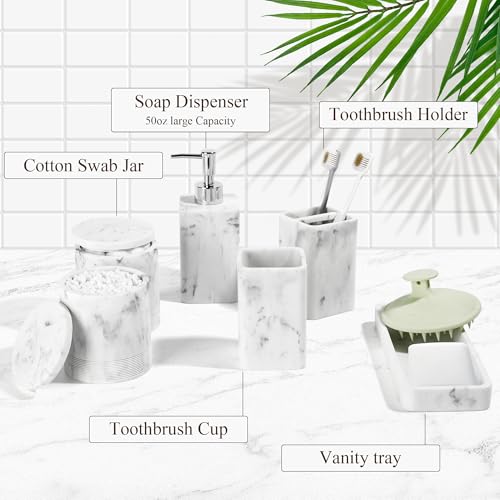 YMXYJM Bathroom Accessories Set, 6 Piece Bathroom Set with Toothbrush Holders, Soap Dispenser, Vanity Tray, Tumbler, Cotton Swab Jars, Bathroom Organizer，Bathroom Sink Sets, Artificial Marble White - color: White