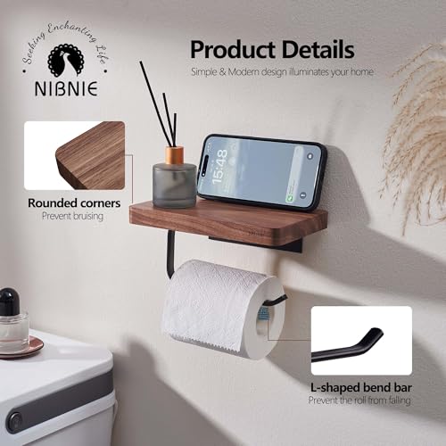 Walnut Wood Toilet Paper Holder with Phone Shelf, Adhesive or Drill Installation Bathroom Washroom Wall Mount Wooden Toilet Tissue Roll Holder with Shelf for Hold Wipes, Cell Phone (Flat) - color: Flat Surface